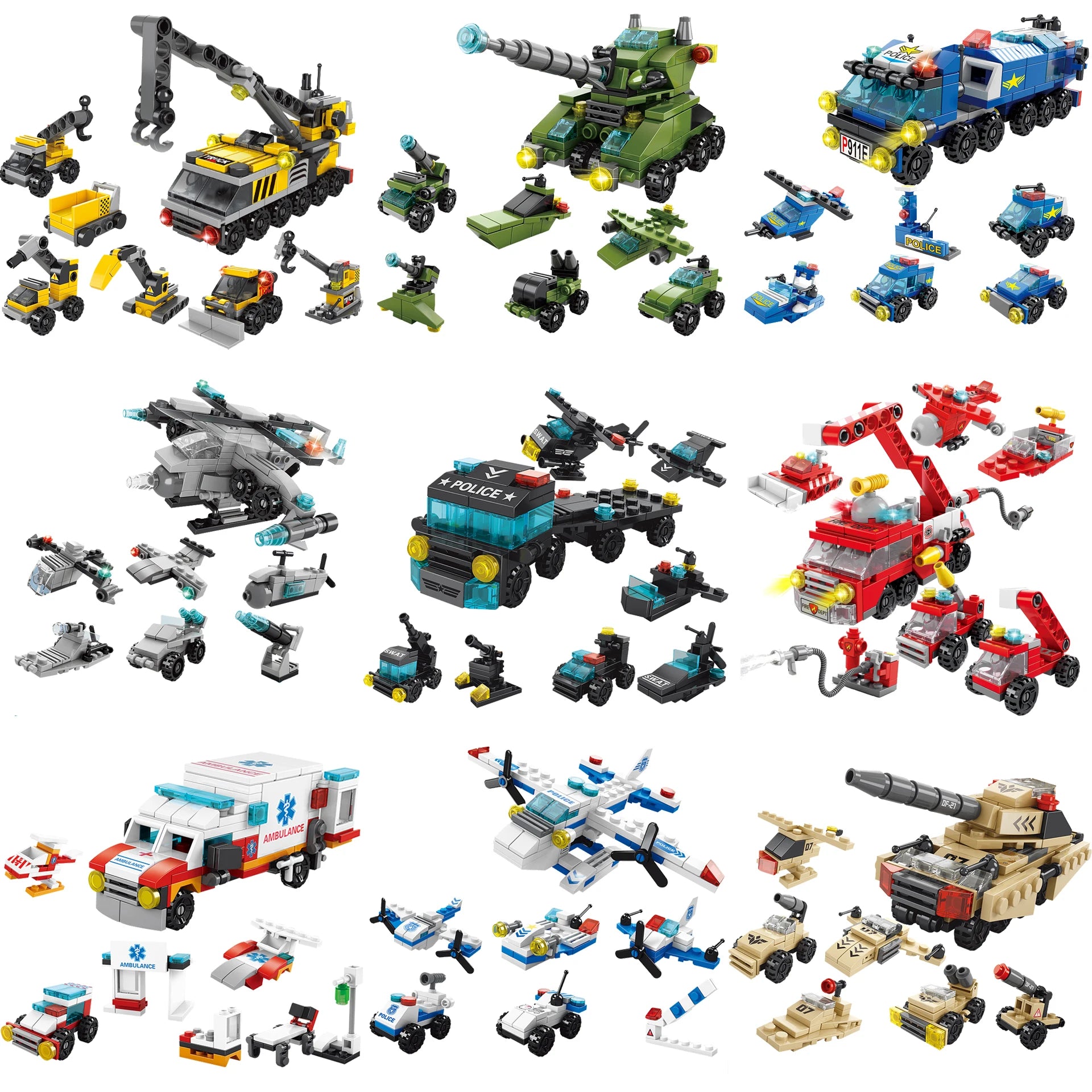 Mini Size 6 In 1 Building Blocks Diy Police Car Fire Truck Castle Mode ...