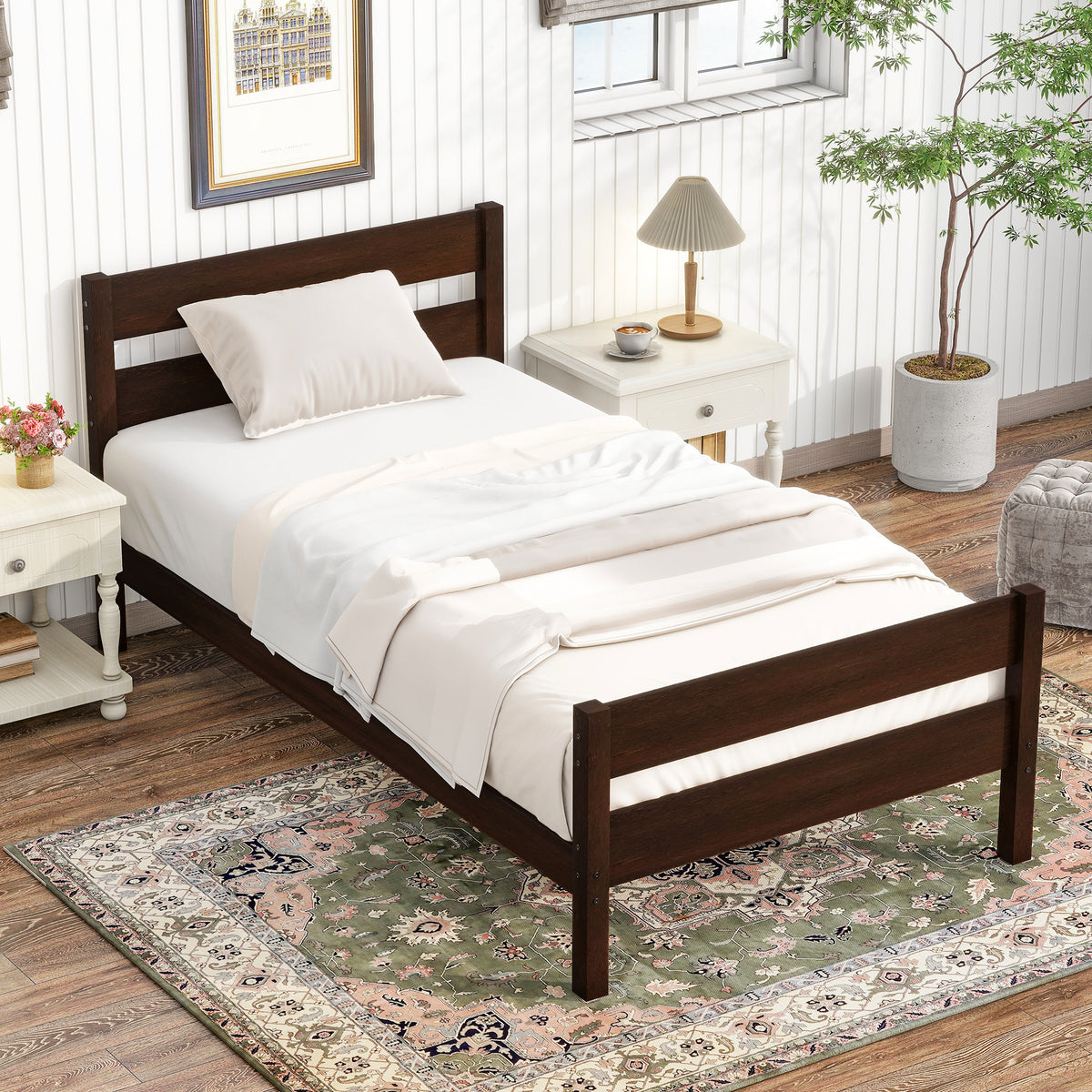 Twin Bed with Headboard and Footboard,Espresso