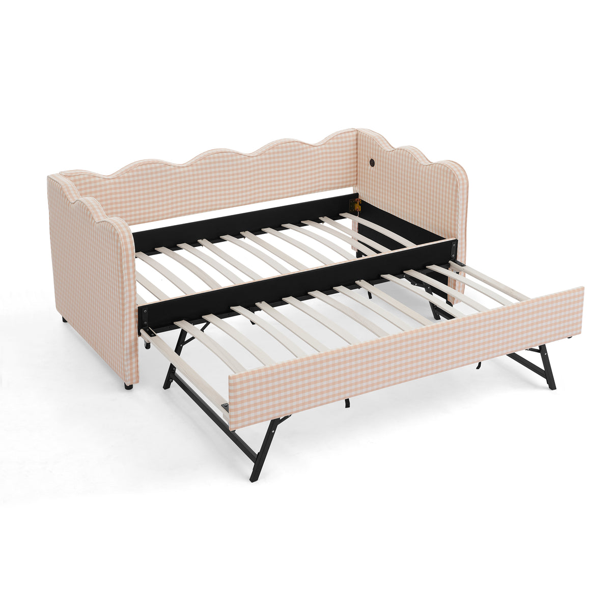 Cozy Gingham Daybed with Trundle Twin Size Sofa Bed No Box Spring Needed, USB Port, Wave Shaped Design, Pink Linen Fabric