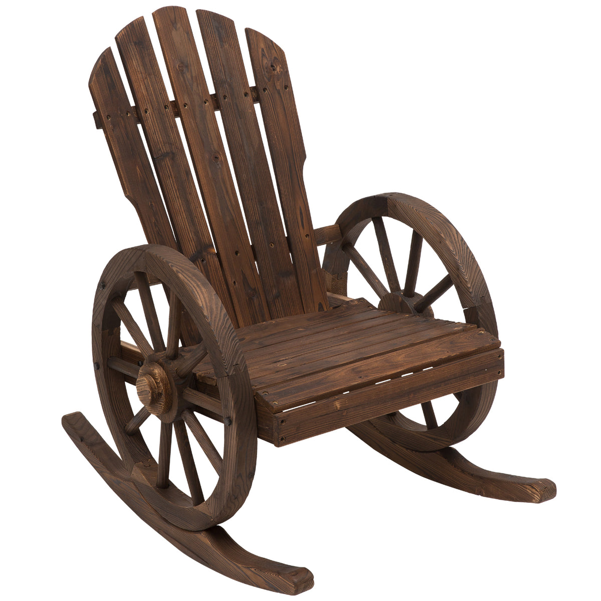 Outsunny Wooden Rocking Chair, Adirondack Rocker Chair w/ Slatted Design and Oversized Back, Outdoor Rocking Chair with Wagon Wheel Armrest for Porch, Poolside, and Garden, Carbonized