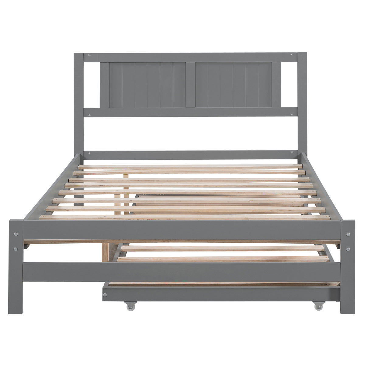 Gray Solid Pine Wood Full Size Platform Bed with Adjustable Trundle, 10 Slats for Stability and Durability