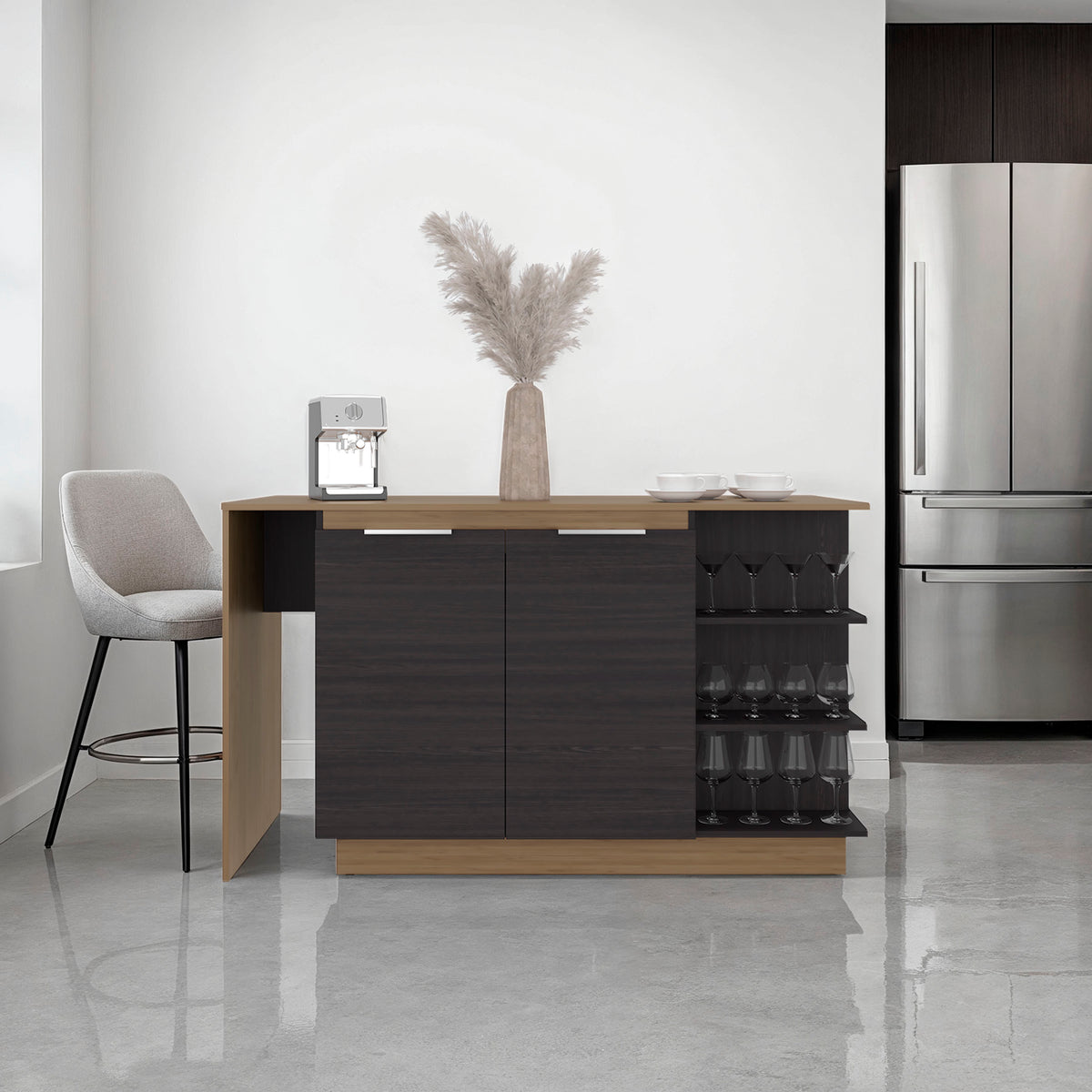 Dwight Kitchen Bar Counter with Shelves and Cabinets, Black Wengue / Natural Oak