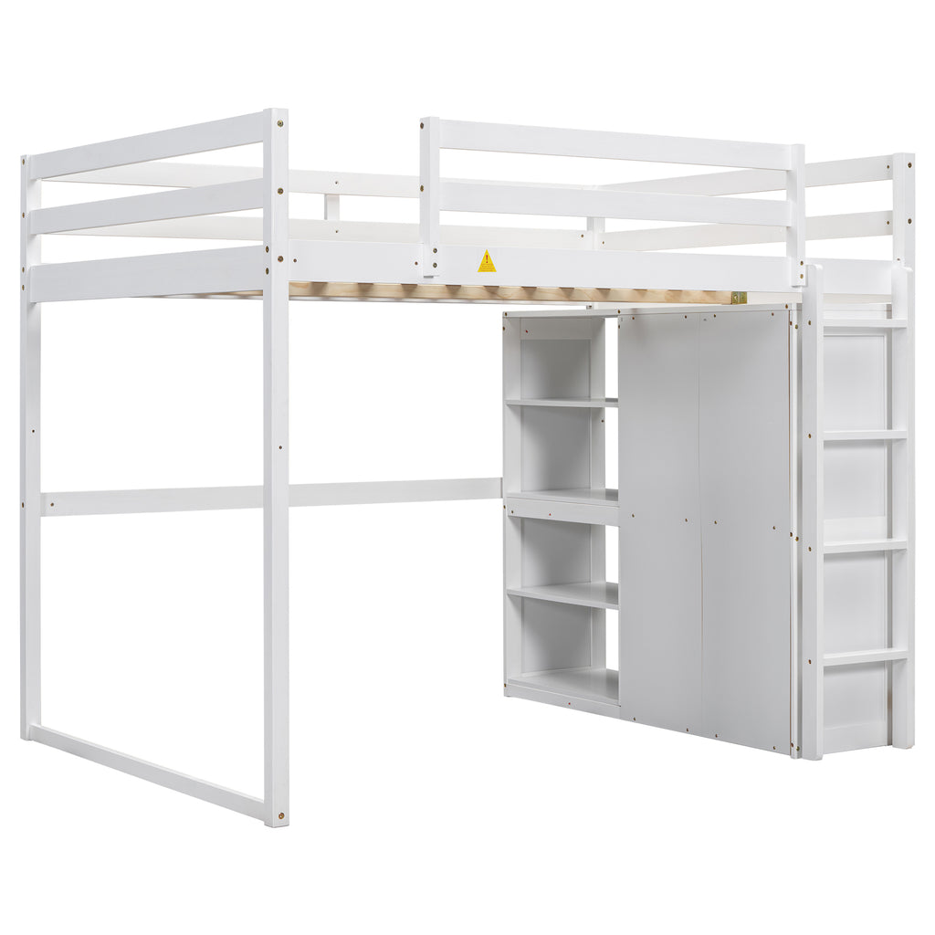 White Wood Full Size Loft Bed with Built-in Wardrobe, Storage Shelves, and LED Light, Pine and MDF