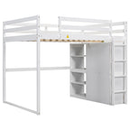 White Wood Full Size Loft Bed with Built-in Wardrobe, Storage Shelves, and LED Light, Pine and MDF