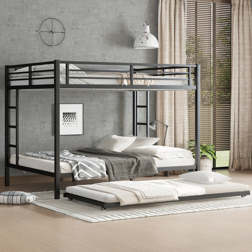 Queen over Queen Metal Bunk Bed with Twin Size Trundle, Black