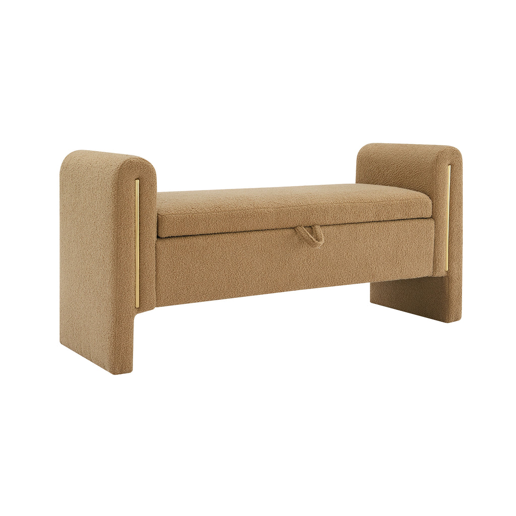 Modern Teddy Bed End Bench with Arms and Storage, Upholstered Foot Rest Stool, Coffee Color, Plywood, 52.3' Length