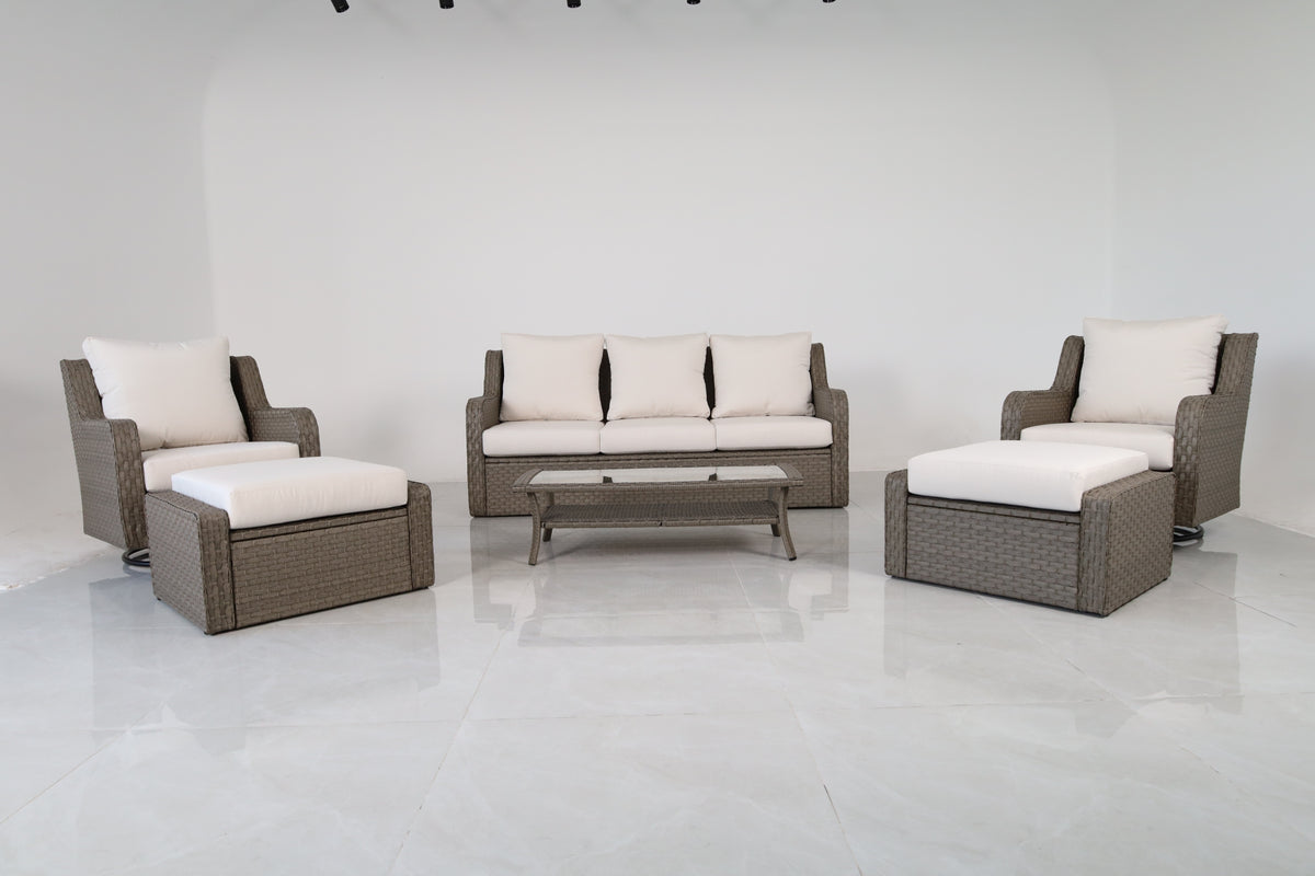Luxury Rattan Patio Conversation Set – Includes 2 Swivel Chairs, Sofa, Coffee Table, And 2 Ottomans With Premium White Cushions