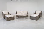 Luxury Rattan Patio Conversation Set – Includes 2 Swivel Chairs, Sofa, Coffee Table, And 2 Ottomans With Premium White Cushions