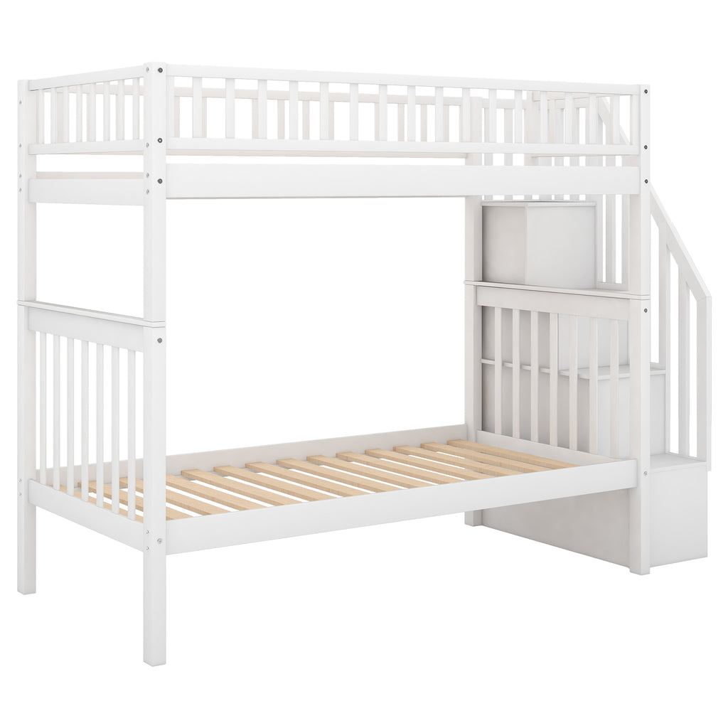 White Twin Over Twin Bunk Bed with Trundle and Storage, Solid Pine Wood, 93.75''L x 81.4''W x 65.7''H