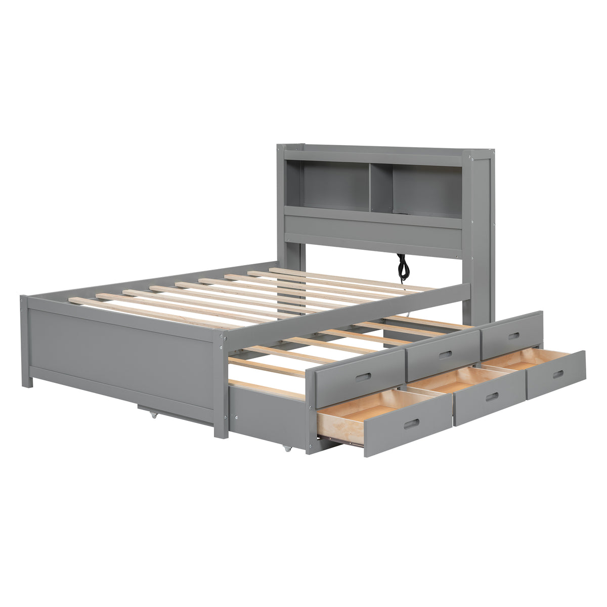 Modern Gray Full Size Platform Bed with Trundle, Drawers, USB Ports and Built-in Shelves, Pine Wood Construction