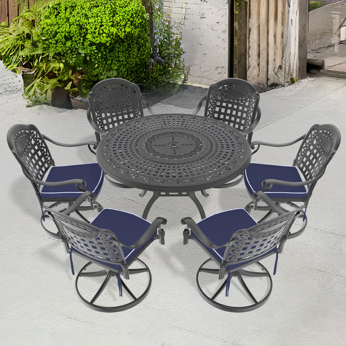 7-Piece All-Weather Cast Aluminum Dining Set, Include 6 Swivel Chairs and 47.24' Round Table With Black Frame (same sku:W1710S00450)