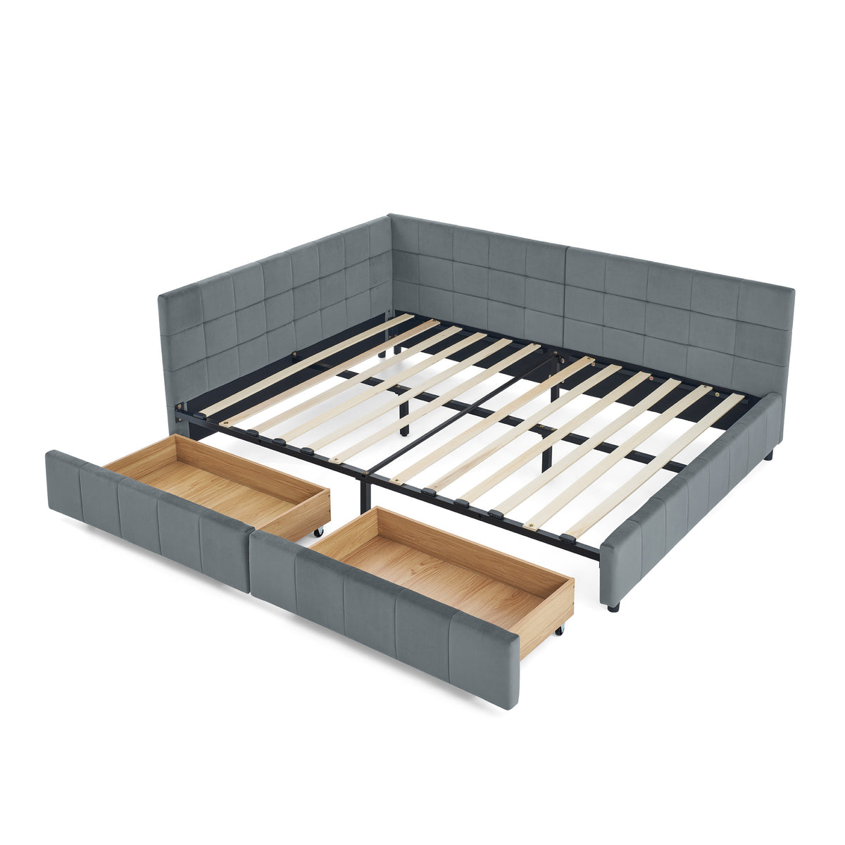 Mid-Century Upholstered Tufted Full Size Storage Bed Frame with Backrest and Armrests in Grey Velvet