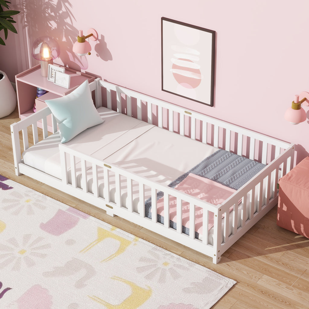 Twin Size Floor Bed with Fence without Door, Rubber Wood Floor Bed with Safety Guardrails,White (Old Sku W504P286396)