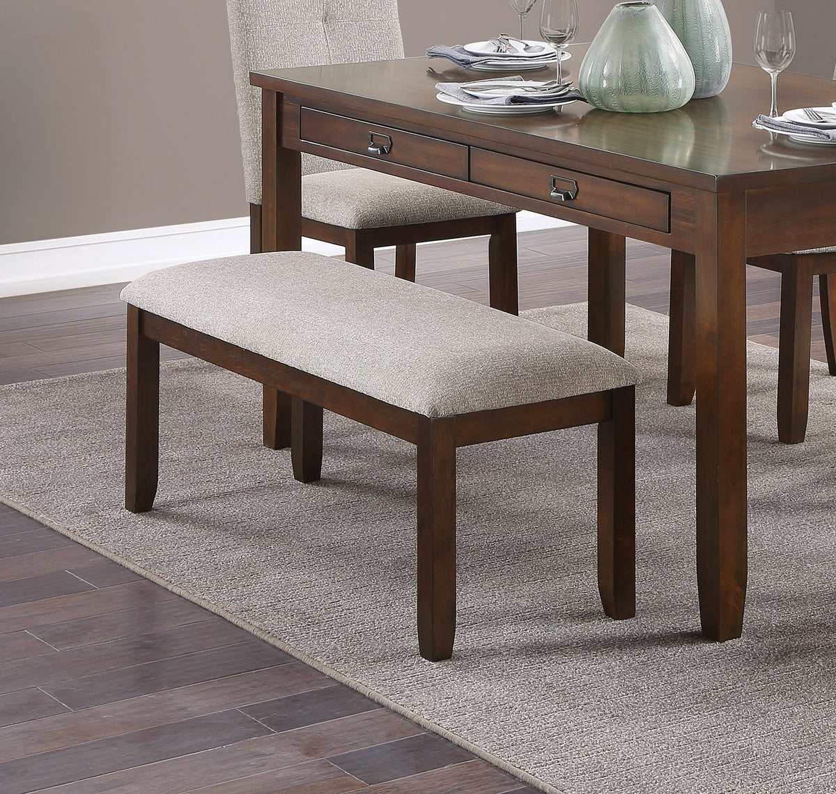 Dark Cherry Finish Wooden Frame 1pc Bench Chenille Upholstery Dining Furniture Kitchen Breakfast