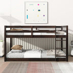 Solid Wooden , Solid Rubber Wooden Twin over Twin Floor Bunk Bed with Ladder ,Upper and Bottom Bed Platforms crafted with Strengthened Slats,Espresso