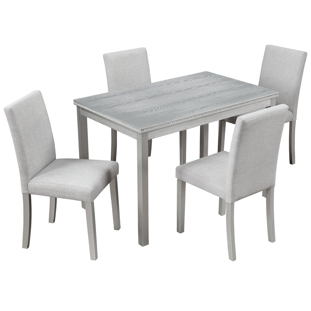 5 Piece Wooden Dining Table Set, Kitchen Table Set with a Rectangular Table and 4 Upholstered Chairs, Wooden Dining Room Table with Crystal Decoration and Chairs Set, Silver grey