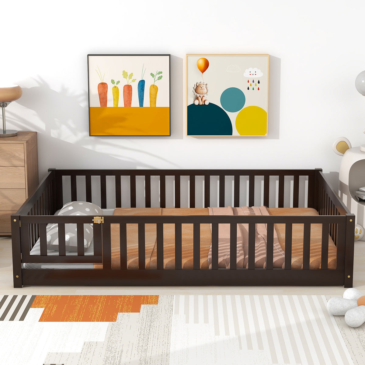 Full Size Floor Bed with Fence and Door,Rubber Wood Floor Bed with Safety Guardrails,Espresso