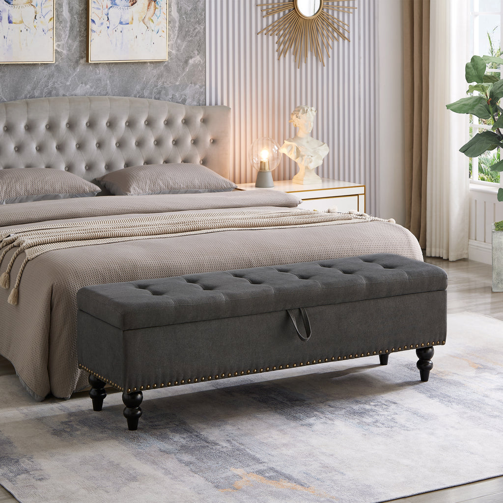 59' Bed Bench with Storage Grey Fabric