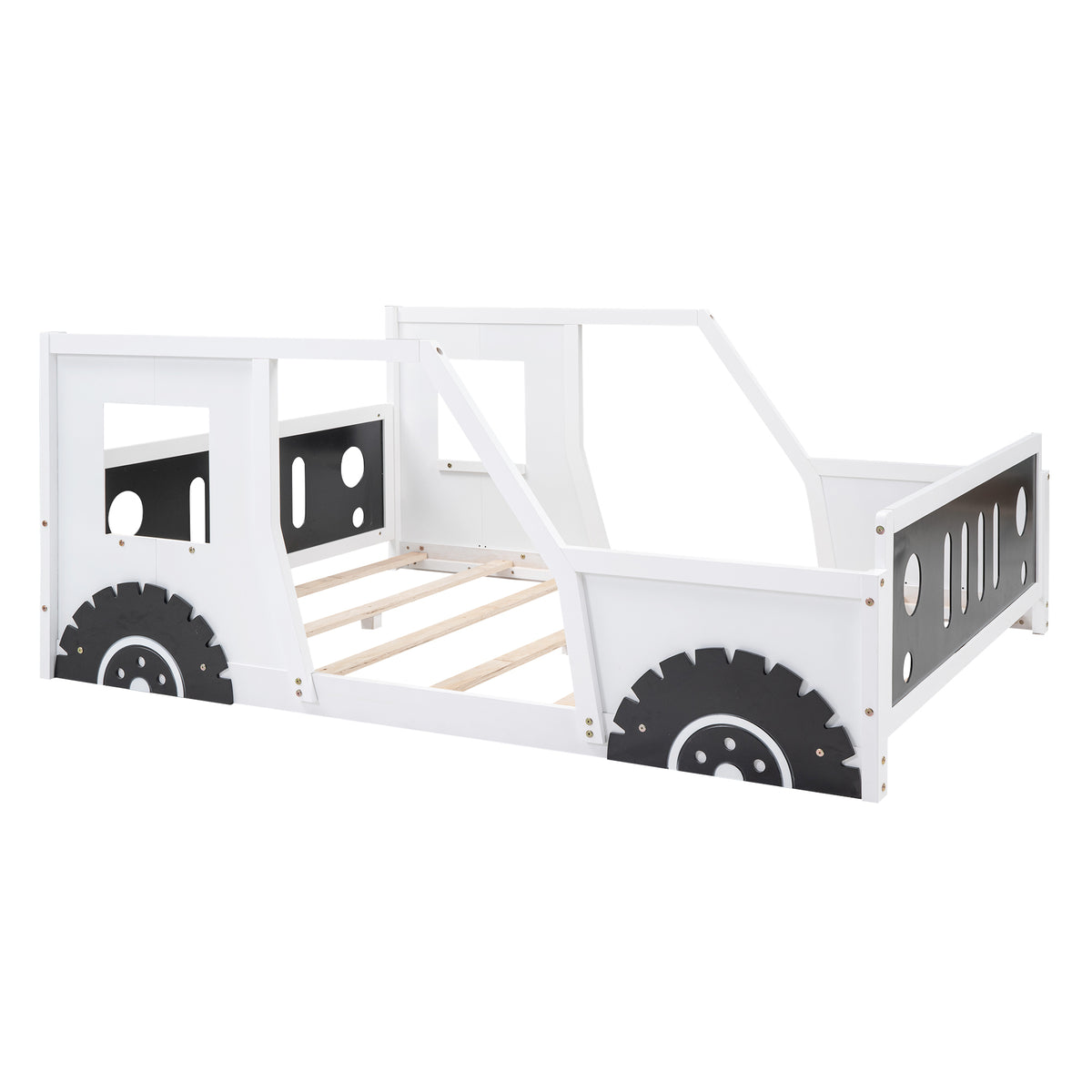 Classic Car-Shaped Full Size Platform Bed with Wheels in White, Pine Wood and MDF Construction