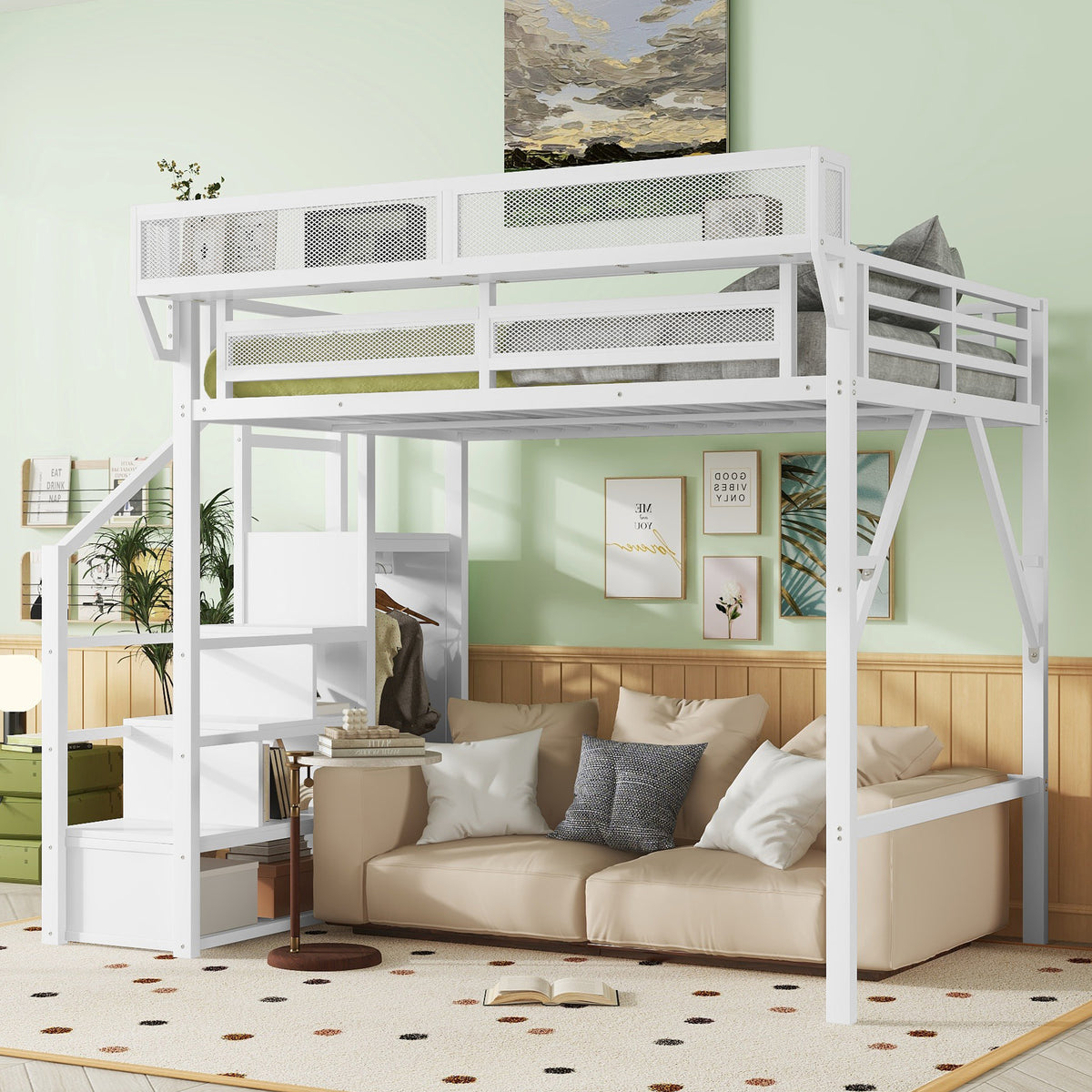 Full Size Loft Bed with Stairs, Metal Full Loft Bed with Storage Shelves, High Loft Bed with Wardrobe for Kids Teens, White, Patent Products (Old SKUW2580S00032)