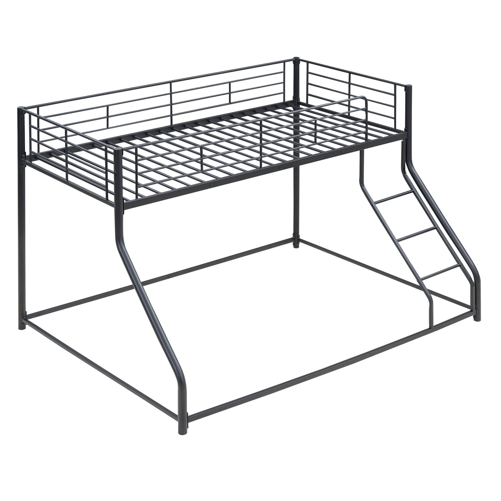 Metal Floor Bunk Bed, Twin XL over Queen, Black, Steel Frame with Sloped Ladder, Space-Saving Design