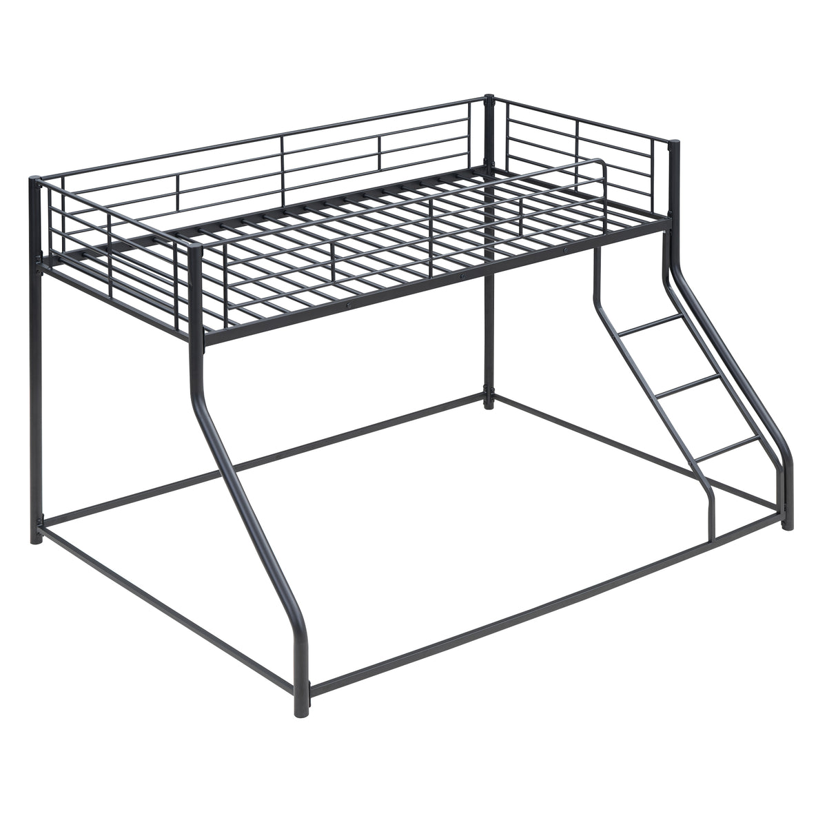 Metal Floor Bunk Bed, Twin XL over Queen, Black, Steel Frame with Sloped Ladder, Space-Saving Design