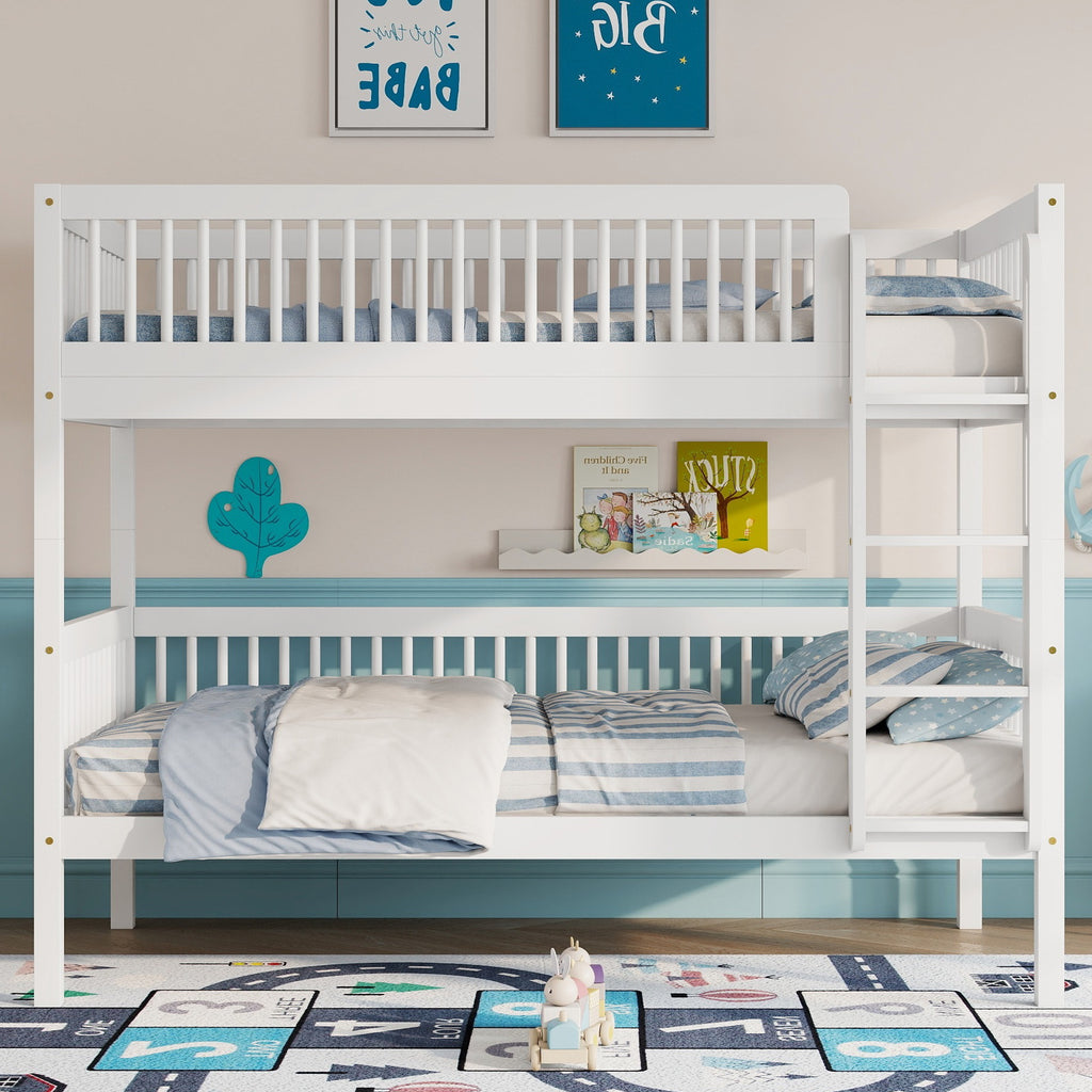 Twin Over Twin Pine Wood Bunk Bed , Convertible into 2 Twin Beds, Twin Over Twin Bunk Bed with Ladder and Safety Guardrails,White