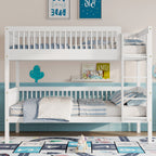 Twin Over Twin Pine Wood Bunk Bed , Convertible into 2 Twin Beds, Twin Over Twin Bunk Bed with Ladder and Safety Guardrails,White