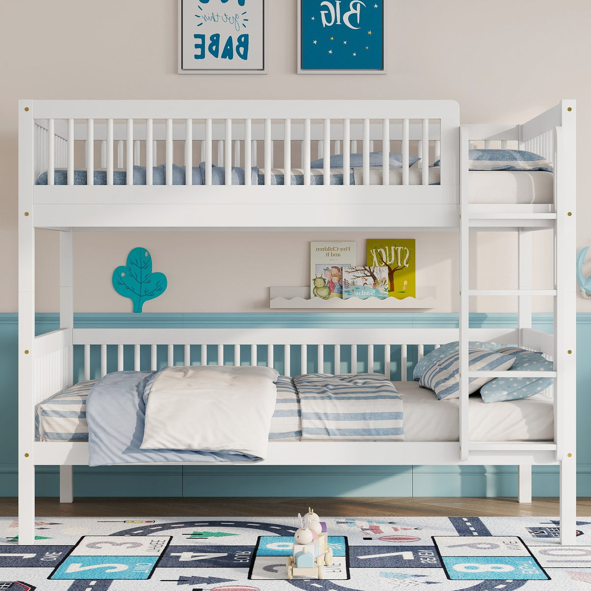 Twin Over Twin Pine Wood Bunk Bed , Convertible into 2 Twin Beds, Twin Over Twin Bunk Bed with Ladder and Safety Guardrails,White