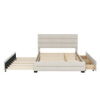 Beige Upholstered Queen Platform Bed with Twin Trundle and Two Storage Drawers, Pine Wood and Linen Fabric