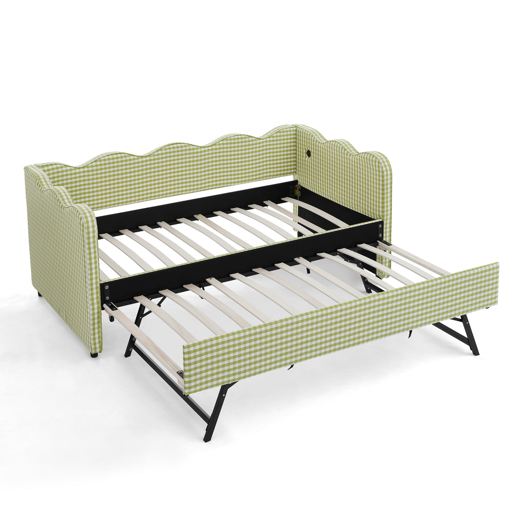 Cozy Gingham Daybed with Trundle Twin Size Sofa Bed No Box Spring Needed, Green Linen Fabric, Wave Shaped Design