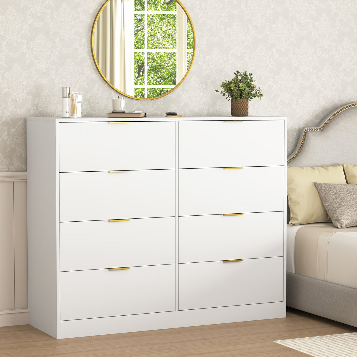 8 Drawers Dresser for Bedroom, Wood Bedroom Dresser Modern Drawer Chest, 8 Chest of Drawer, Tall Dresser for Closet, Dressers Organizer for Living Room, Closet, Hallway White