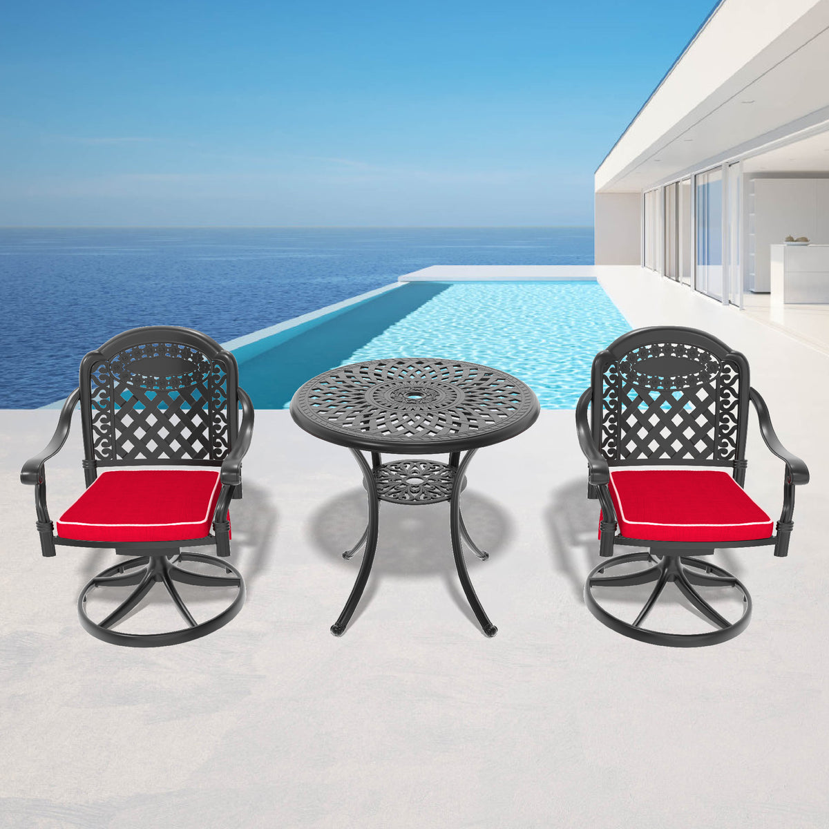 3-Piece All-Weather Cast Aluminum Dining Set, Include 2 Swivel Chairs and 30.71' Round Table With Black Frame