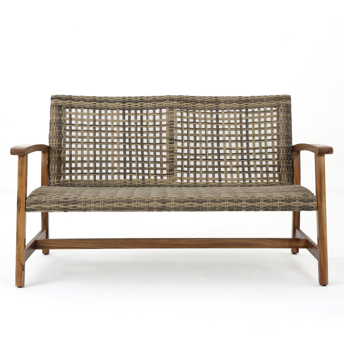 Outdoor Rattan Loveseat with Wooden Legs, Brown