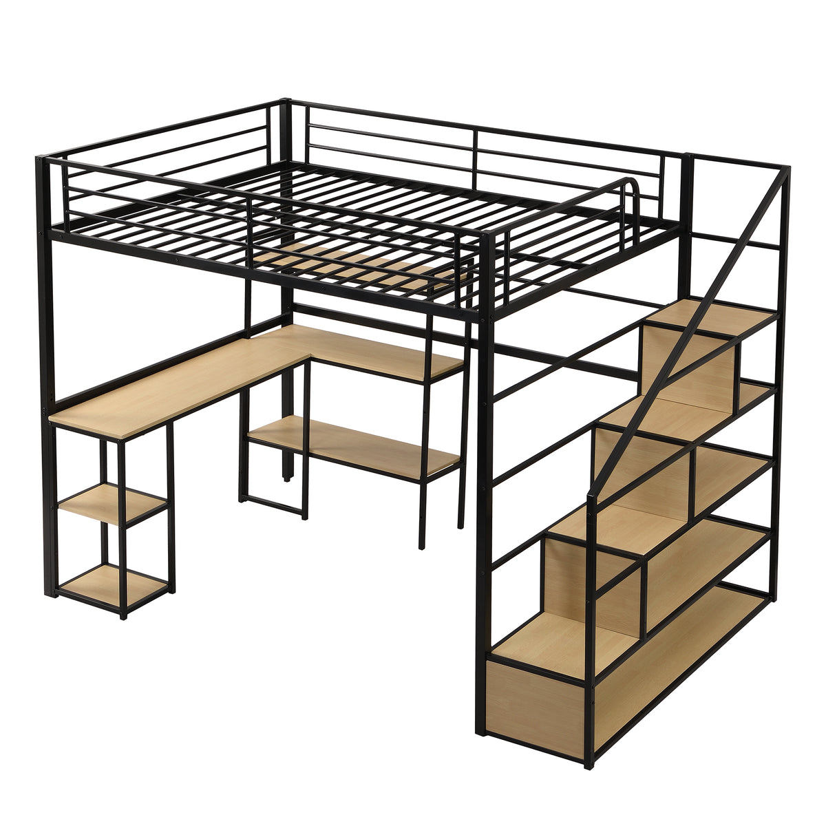 Full Size Metal Loft Bed with Staircase, Built-in Desk and Shelves, Black - Metal and MDF Construction, 75.6'' x 53.9'' Sleeping Surface