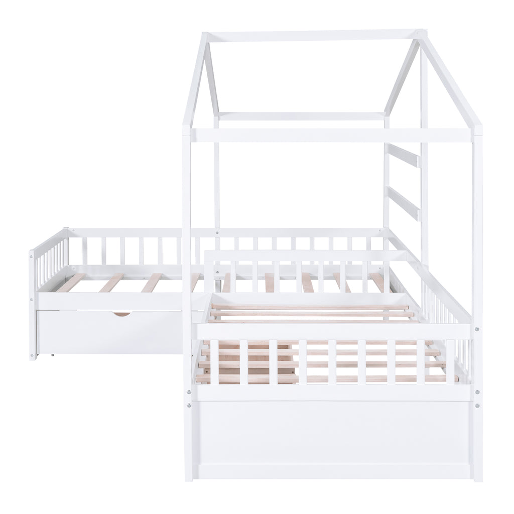 White L-Shape Twin Platform Bed with Three Storage Drawers, Solid Pine and MDF, 120''L x 77''W x 66.8''H