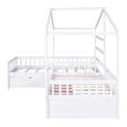 White L-Shape Twin Platform Bed with Three Storage Drawers, Solid Pine and MDF, 120''L x 77''W x 66.8''H