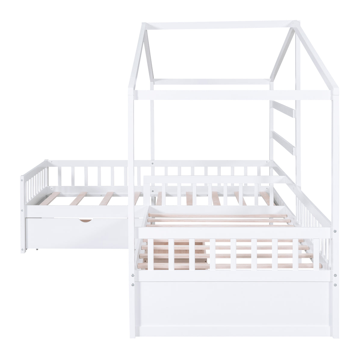 White L-Shape Twin Platform Bed with Three Storage Drawers, Solid Pine and MDF, 120''L x 77''W x 66.8''H