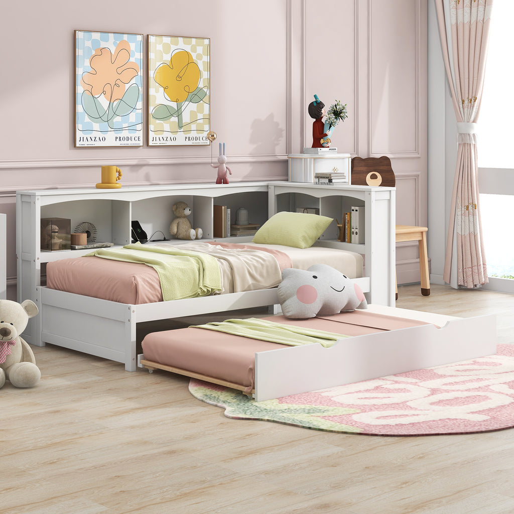 White Twin Size Daybed with Trundle, Storage Cabinets, USB Ports and Pine Wood+MDF Construction