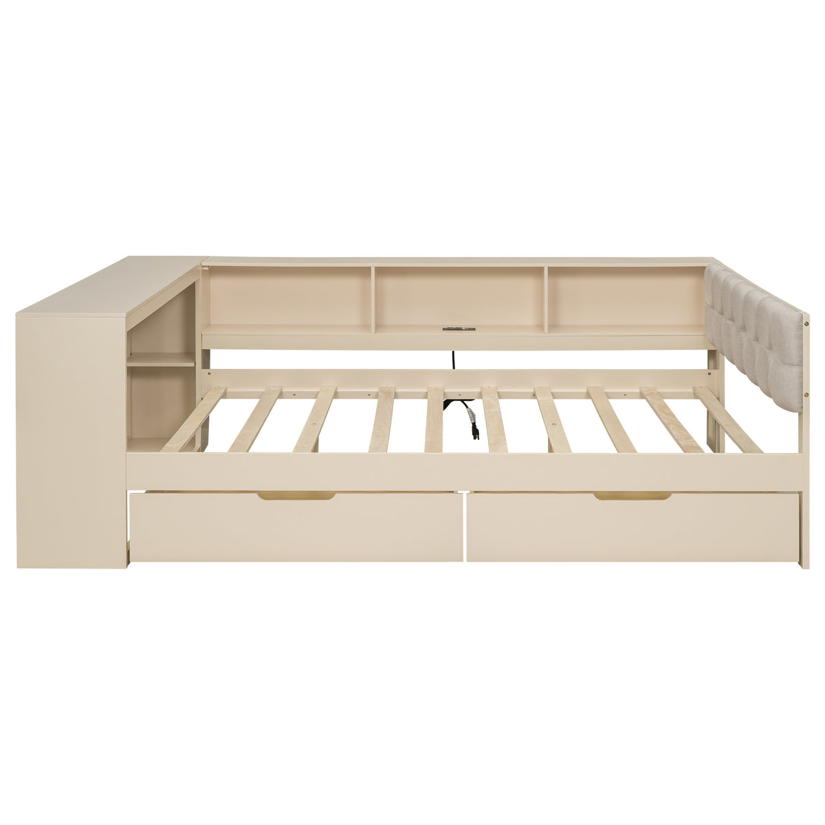 Cream Upholstered Headboard Full Size Platform Bed with Storage Shelves, Drawers, Charging Station and Solid Wood Frame
