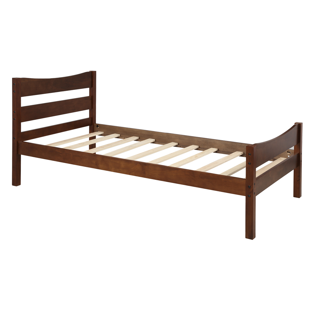 Walnut Twin Size Wood Platform Bed with Headboard and Wooden Slat Support