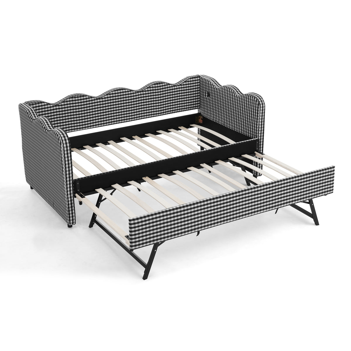 Cozy Gingham Daybed with Trundle Twin Size Sofa Bed No Box Spring Needed, USB Port, Wave Shaped Design in Black Linen Fabric