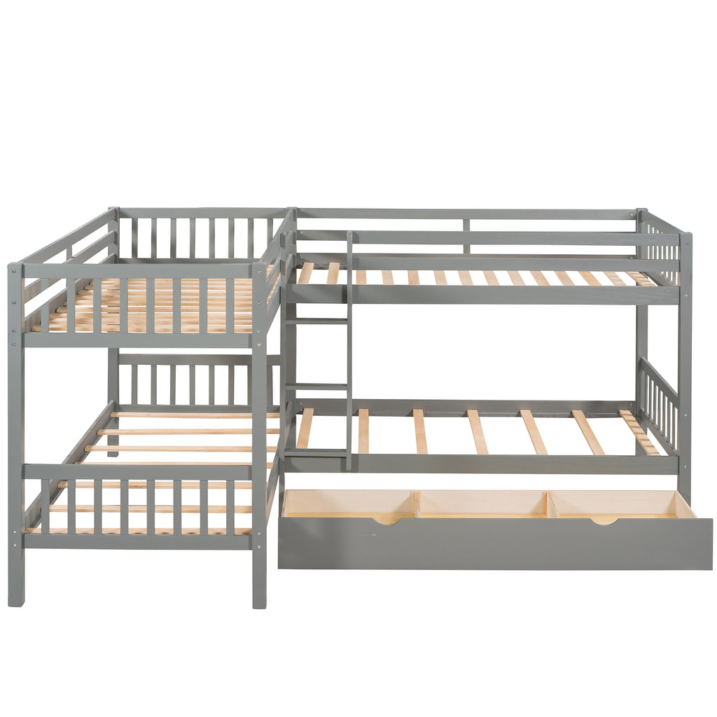 Twin L-Shaped Bunk Bed with Drawers, Grey