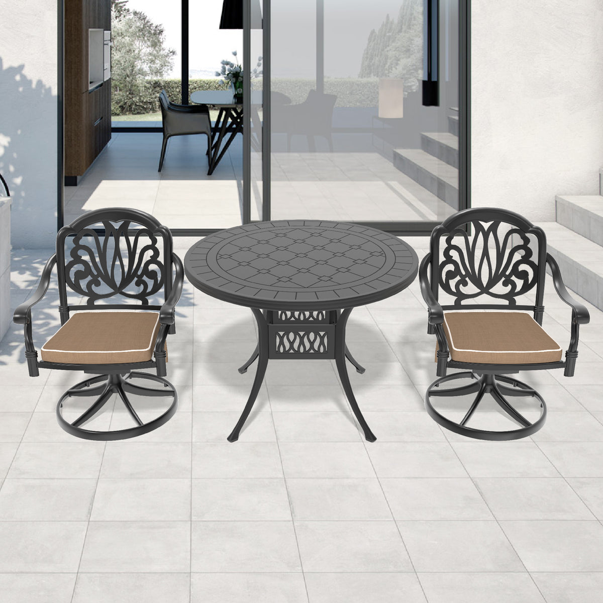 3-Piece All-Weather Cast Aluminum Dining Set, Include 2 Swivel Chairs and 39.37' Round Table With Black Frame