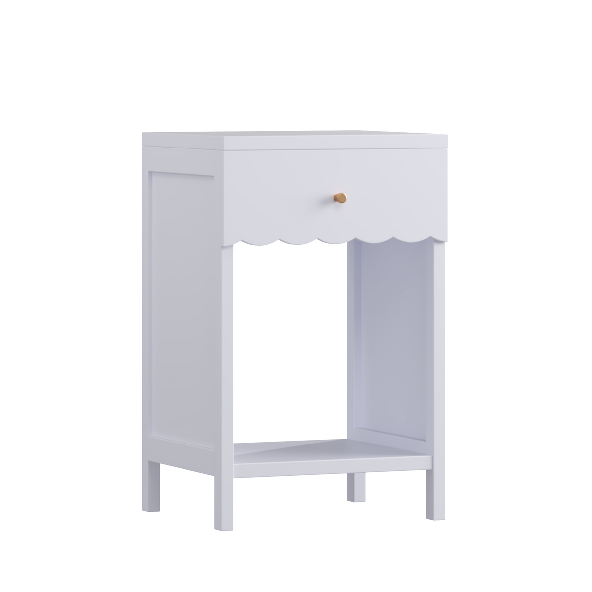 Modern Nightstand with Drawer and Open Shelf, Scalloped Edge Bedside Table in Light Purple, Minimalist Side Table for Kids Room or Girls' Room, Engineered Wood, 16.93 x 14.96 x 26.77 inches