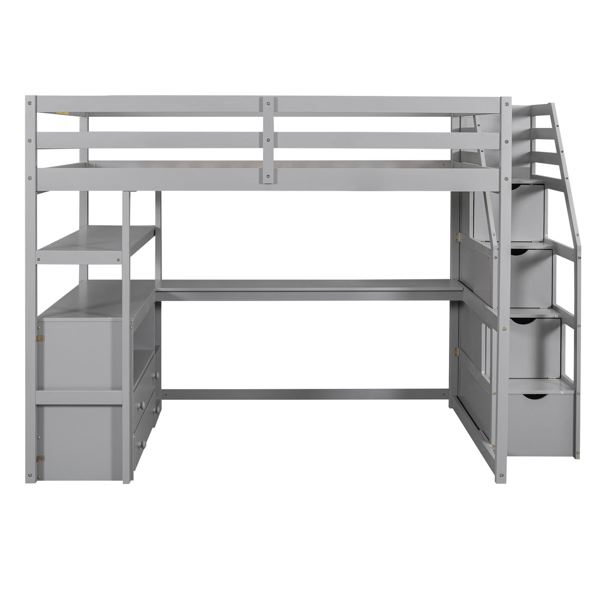 Gray Full Size Loft Bed with Desk, Shelves, Two Drawers, Storage Staircase, Solid Pine Wood