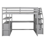 Gray Full Size Loft Bed with Desk, Shelves, Two Drawers, Storage Staircase, Solid Pine Wood