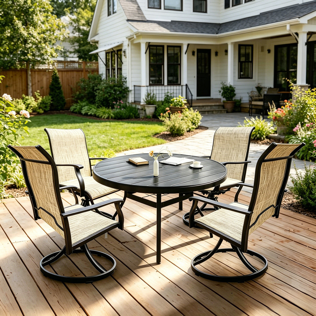 Outdoor Patio Furniture Set, Round Outdoor Table with Umbrella Hole, Dining Table Set for 4 with Swivel Patio Chairs,  for Backyard Lawn Poolside