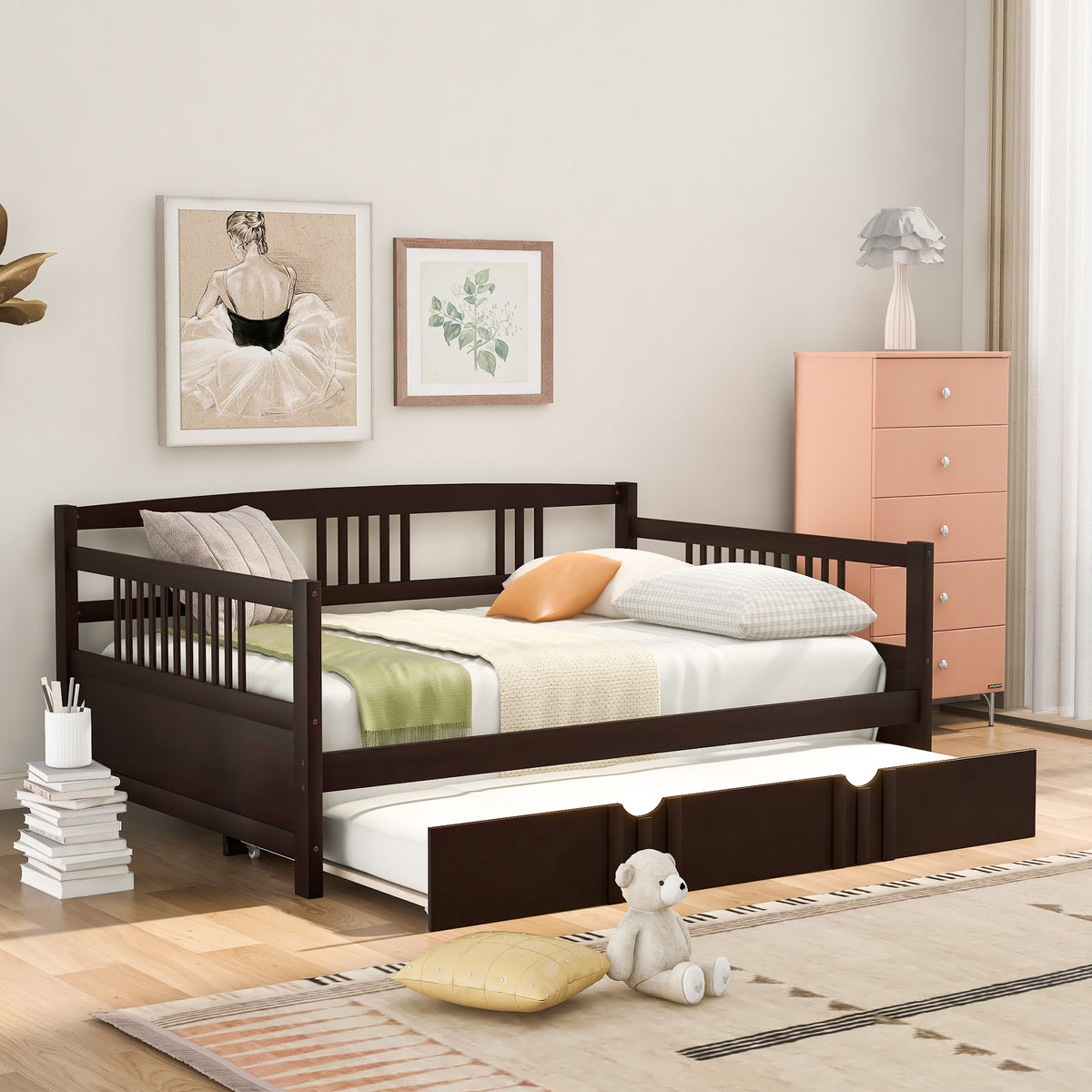 Full Size Daybed Wood Bed with Twin Size Trundle,Espresso