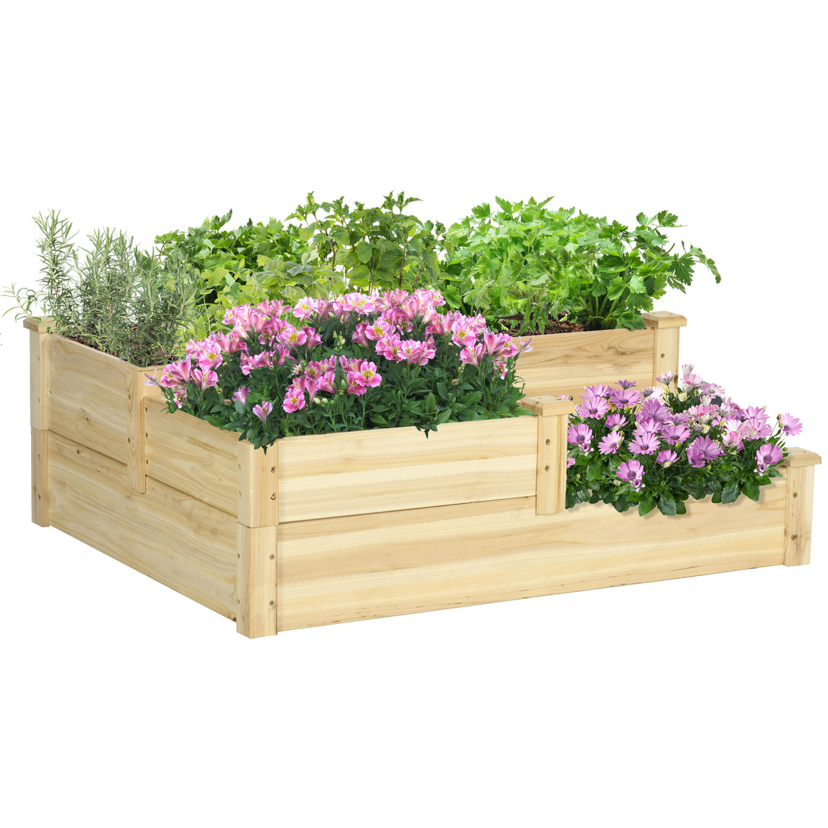Outsunny 3 Tier Raised Garden Bed, Outdoor Planter Box, Wooden Garden Box with Open Bottom for Growing Vegetables, Herbs, Flowers, 42.5' x 34.75' x 14.25', Natural